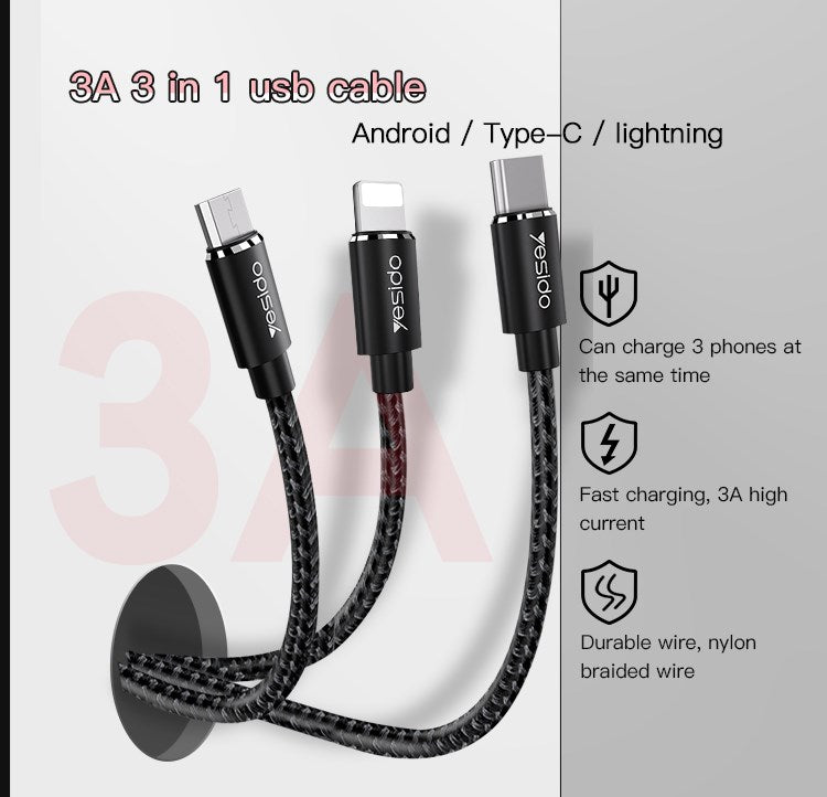 Yesido CA91 3 in 1 USB cable YESIDO Cable Black