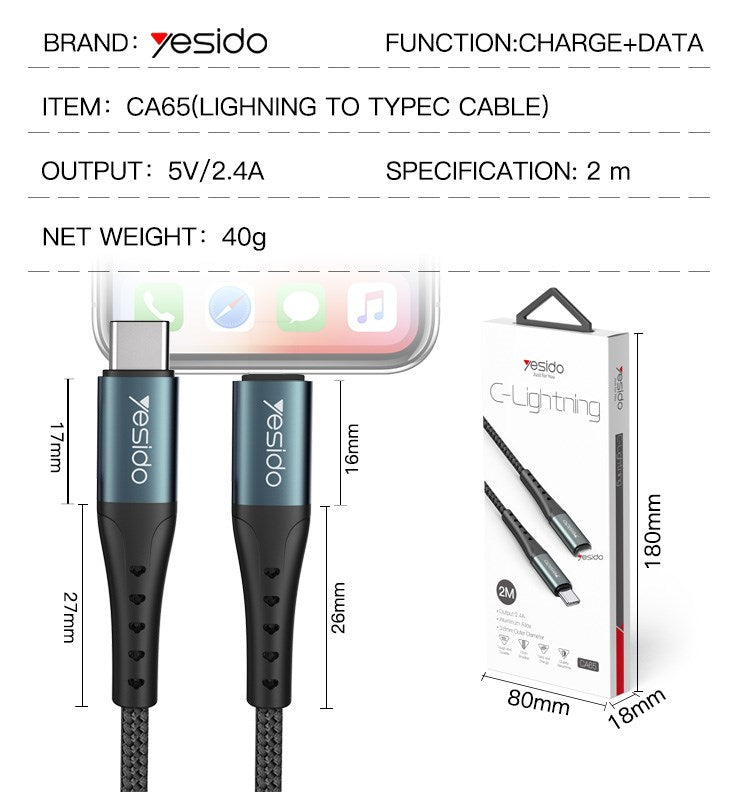 Yesido C TO LIGHTNING / 2.4A YESIDO Cable 2M Black